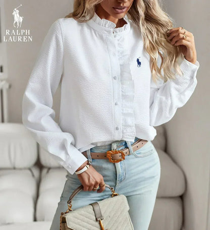 R. Ꮮаᴜгеn Ruffled Button-Up Shirt – Soft Textured Fit